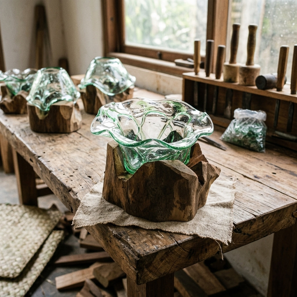 Grand bol décoratif en bouteille recyclée fondue sur un socle en bois de Gamal fabriqué à la main