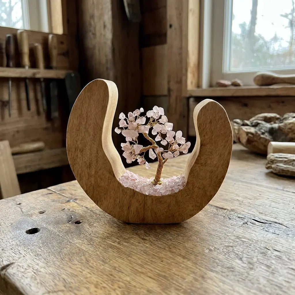 Arbre de vie quartz rose sur anneau ouvert bois de manguier 60 pierres