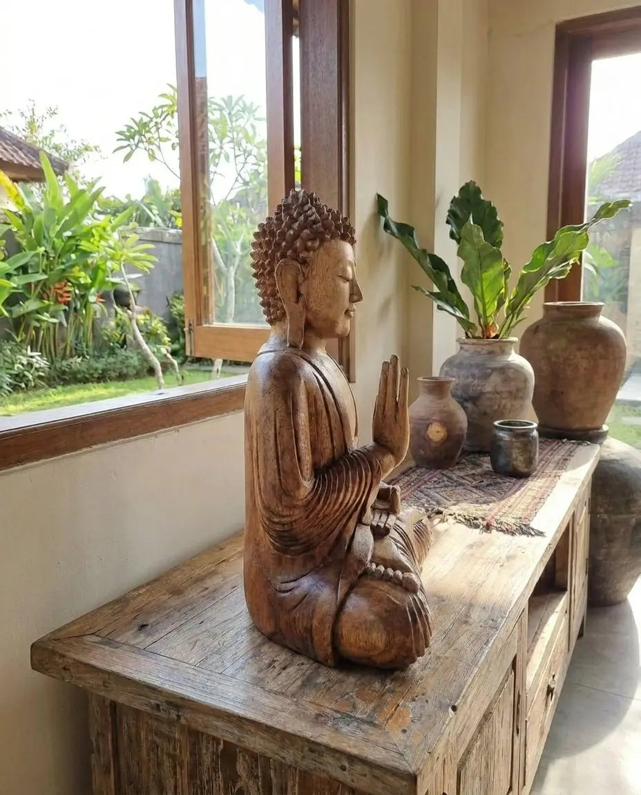 Statue de Bouddha Sculptée à la Main en bois de Suar - 40 cm - Transmission d’Enseignement AWGifts Dropship