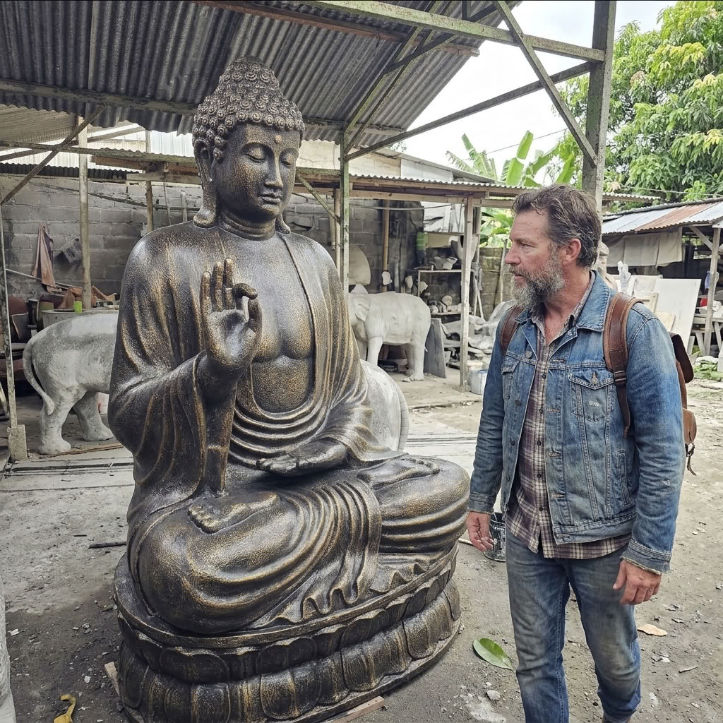 Kultainen jättiläismäinen Buddha-patsas 200 cm – opetusta antava Buddha lootuskukalla