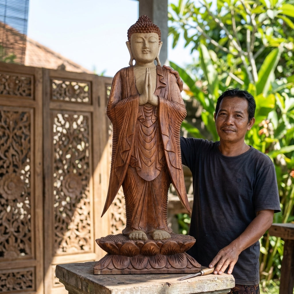 Statue de Bouddha sculptée à la main en bois de suar – 100 cm – Bouddha Namasté