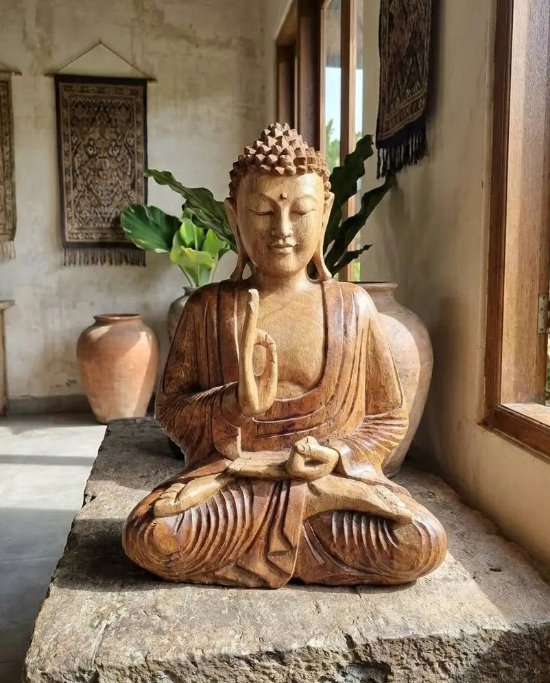Statue de Bouddha Sculptée à la Main en bois de Suar - 40 cm - Transmission d’Enseignement AWGifts Dropship