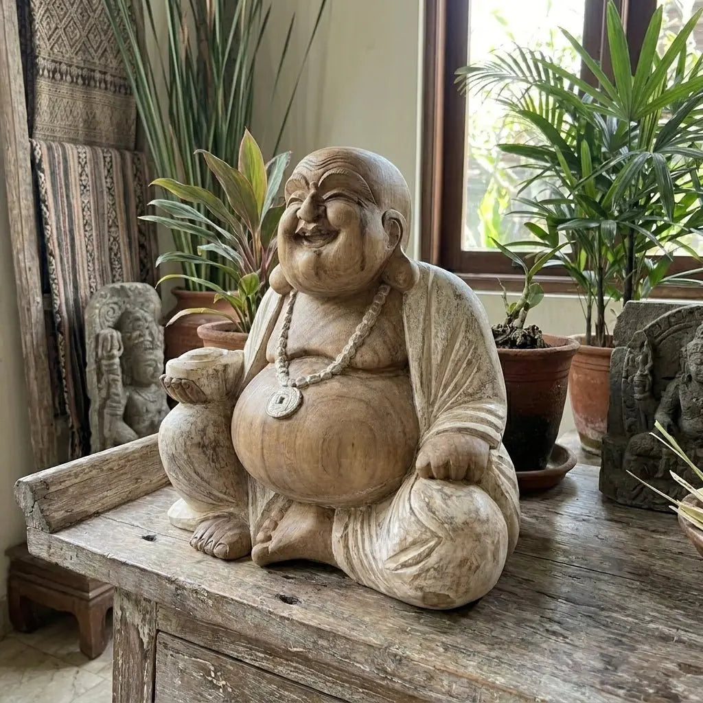 Statue Bouddha Rieur 40 cm en Bois de Suar – Finition Blanchie à la Chaux (Artisanat Bali)