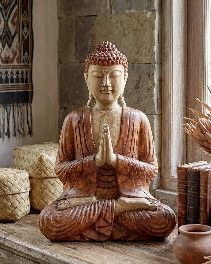 Statue Bouddha Namasté en bois de Suar 40 cm – Sculpture Artisanale (Bali)