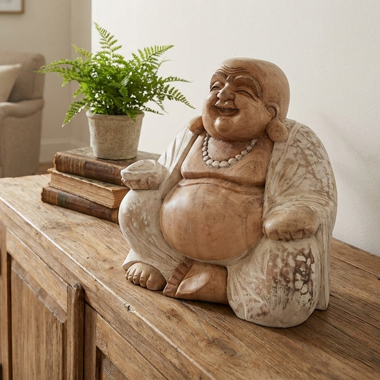 Statue Bouddha Rieur Assis en Bois de Suar - 30 cm - Finition Blanchie