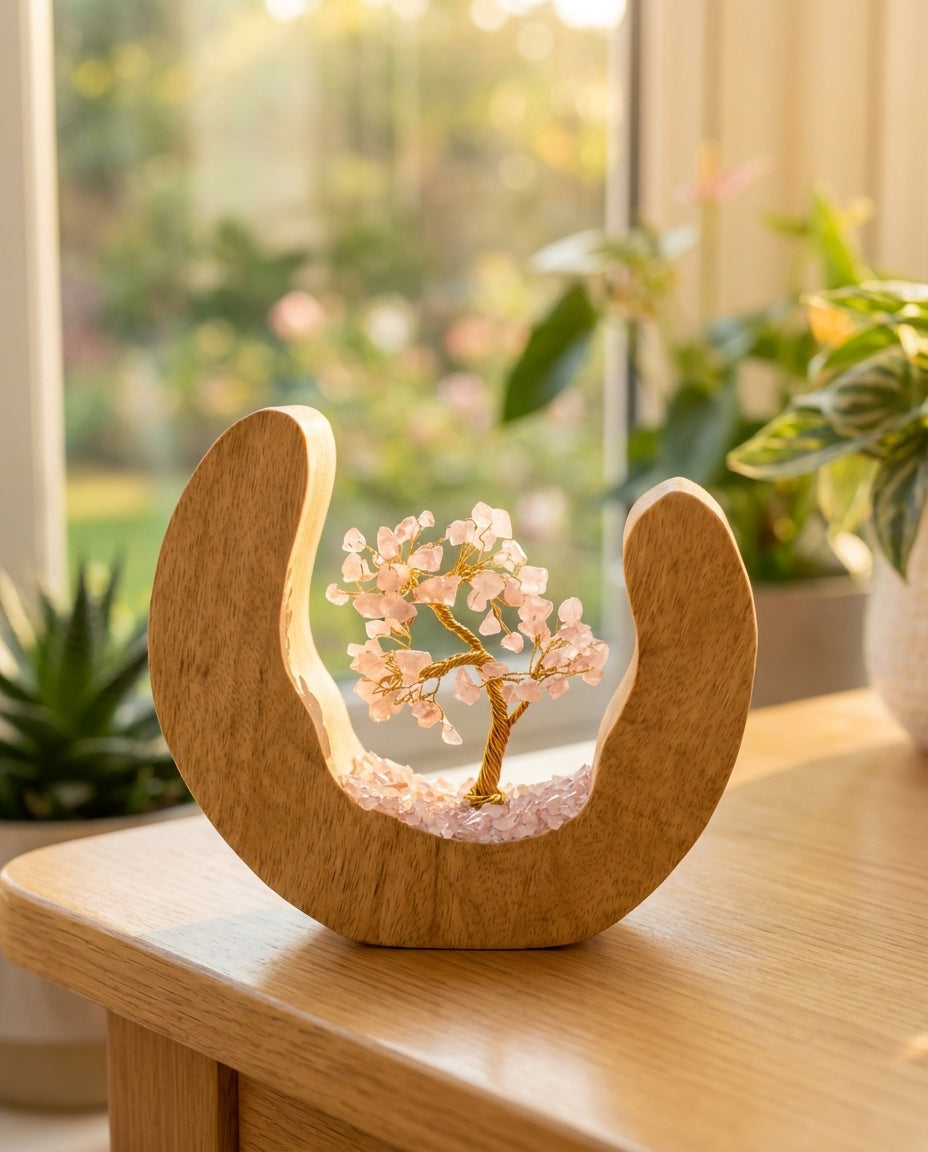 Décoration arbre de vie en quartz rose sur bois de manguier dans un intérieur zen