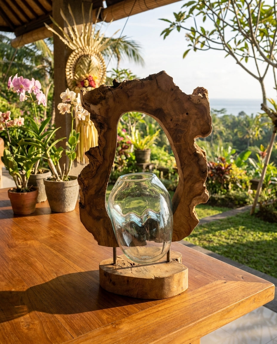 Vase Suspendu en Verre Soufflé à la Main sur Bois de Gamal – Pièce Unique Artisanale Bali