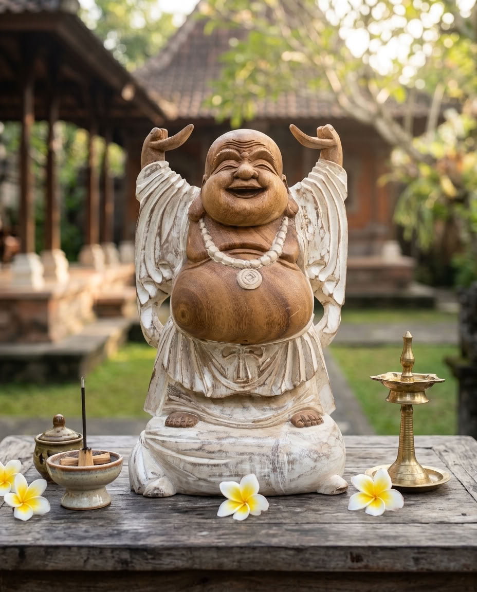 Kézzel faragott, nevető Buddha szobor Suar fából – 40 cm