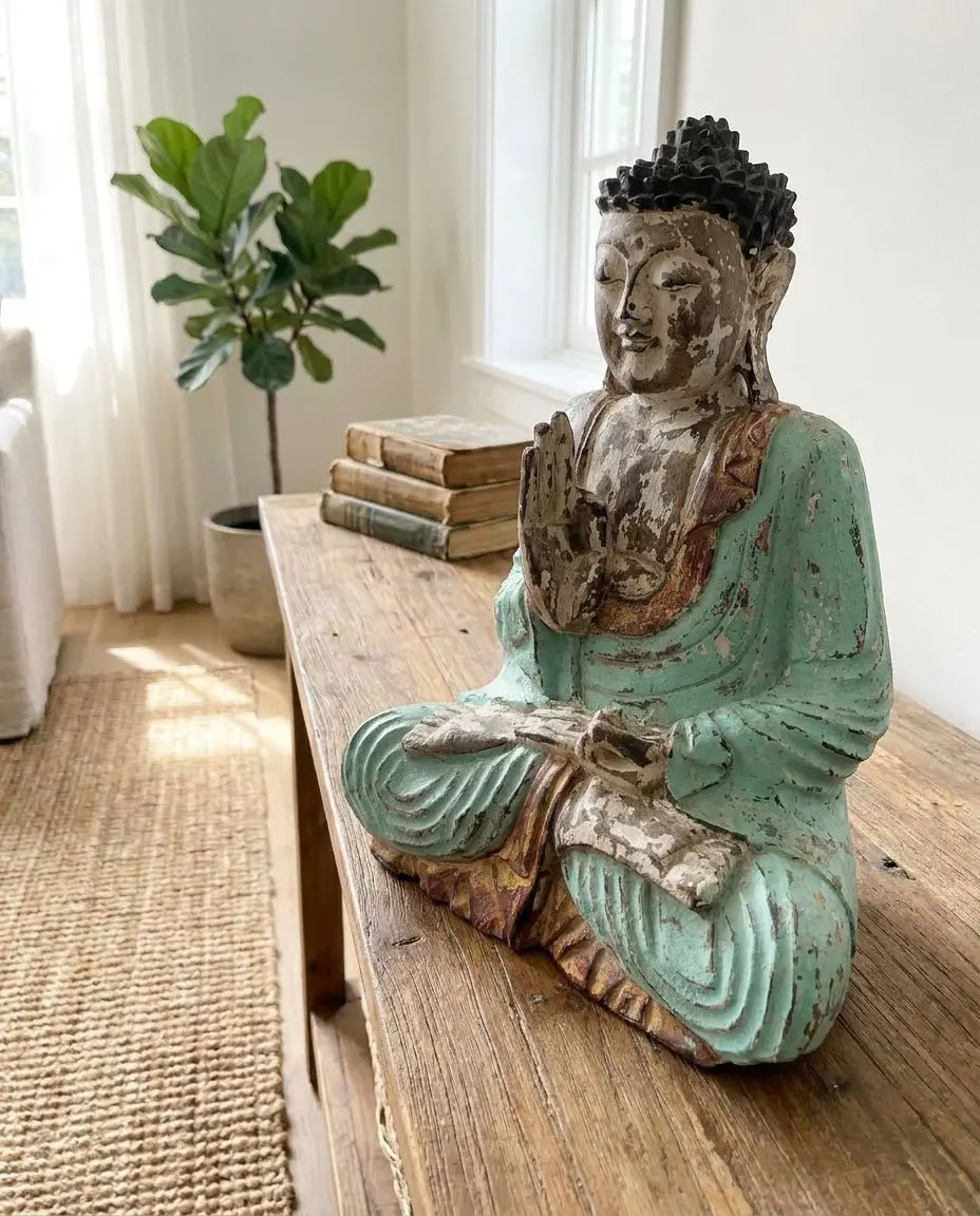 Statue Bouddha Vitarka Mudra Vintage Turquoise 30 cm – Bois de Suar Bali AWGifts Dropship