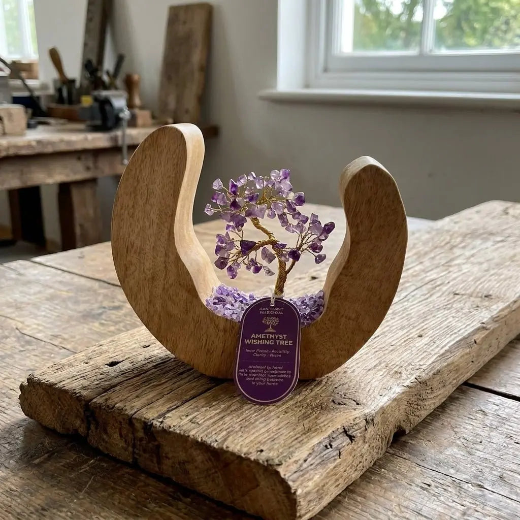 Arbre de vie en améthyste naturelle — 320 g — Bois de manguier et éclats de quartz violet