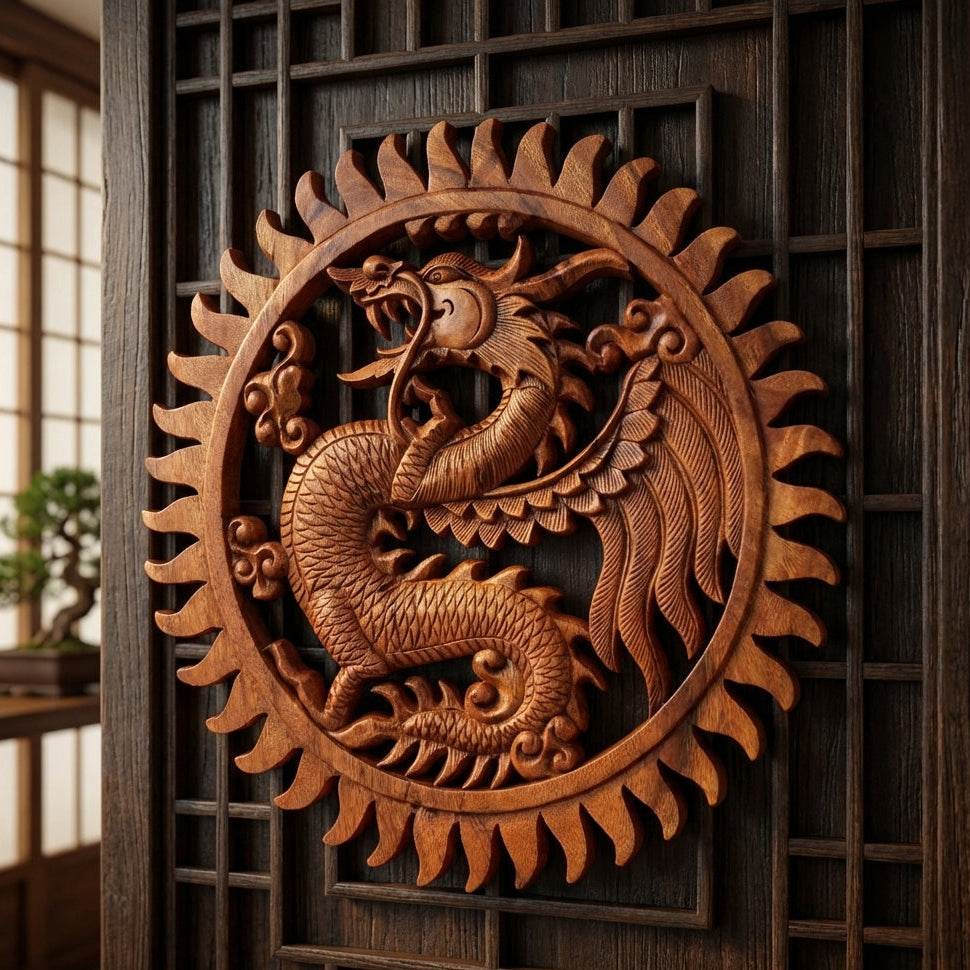Panneau mural circulaire en bois de Suar massif sculpté main, motif Dragon de sagesse oriental entouré de flammes, décoration spirituelle artisanale indonésienne 40cm.