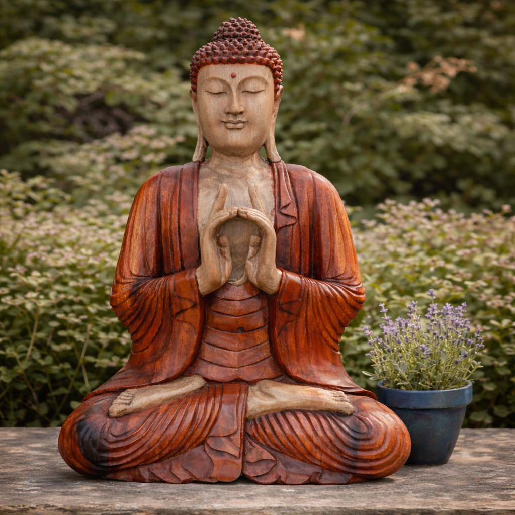 Statue de Bouddha en bois de Suar – 60 cm – Deux mains