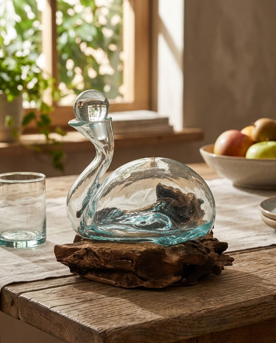 Caraffa a forma di anatra decorativa in vetro soffiato su legno – 19 cm