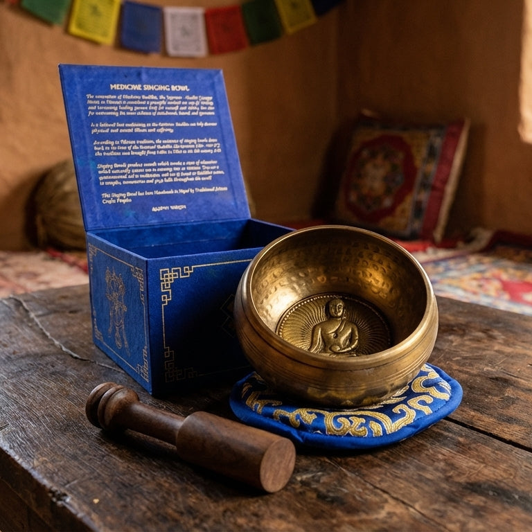 Coffret cadeau bol chantant Bouddha de la Médecine en laiton avec maillet et coussin pour méditation et sonothérapie - Karmic Artisan.