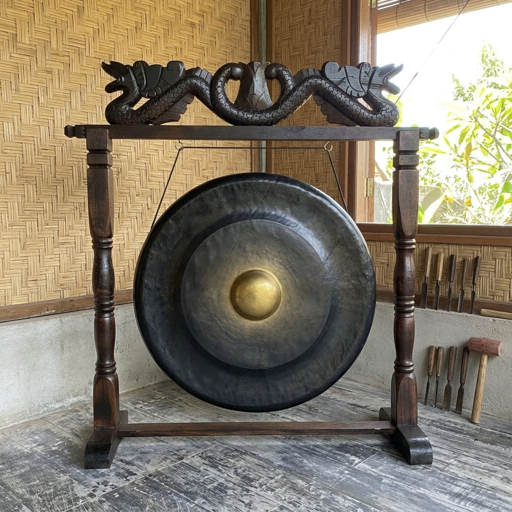 Grand Gong Balinais sur Support Sculpté – Gong Ø 80 cm – Hauteur totale 130 cm