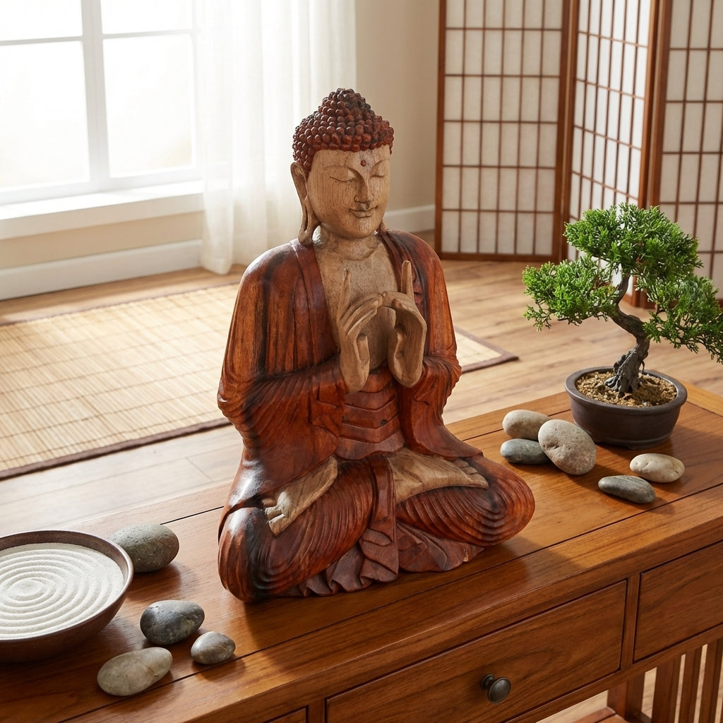 Statue de Bouddha en bois de Suar – 60 cm – Deux mains