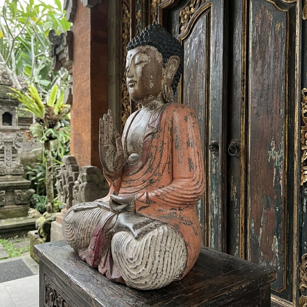 Kézzel faragott vintage narancssárga Buddha-szobor – 60 cm – Tanítás átadása