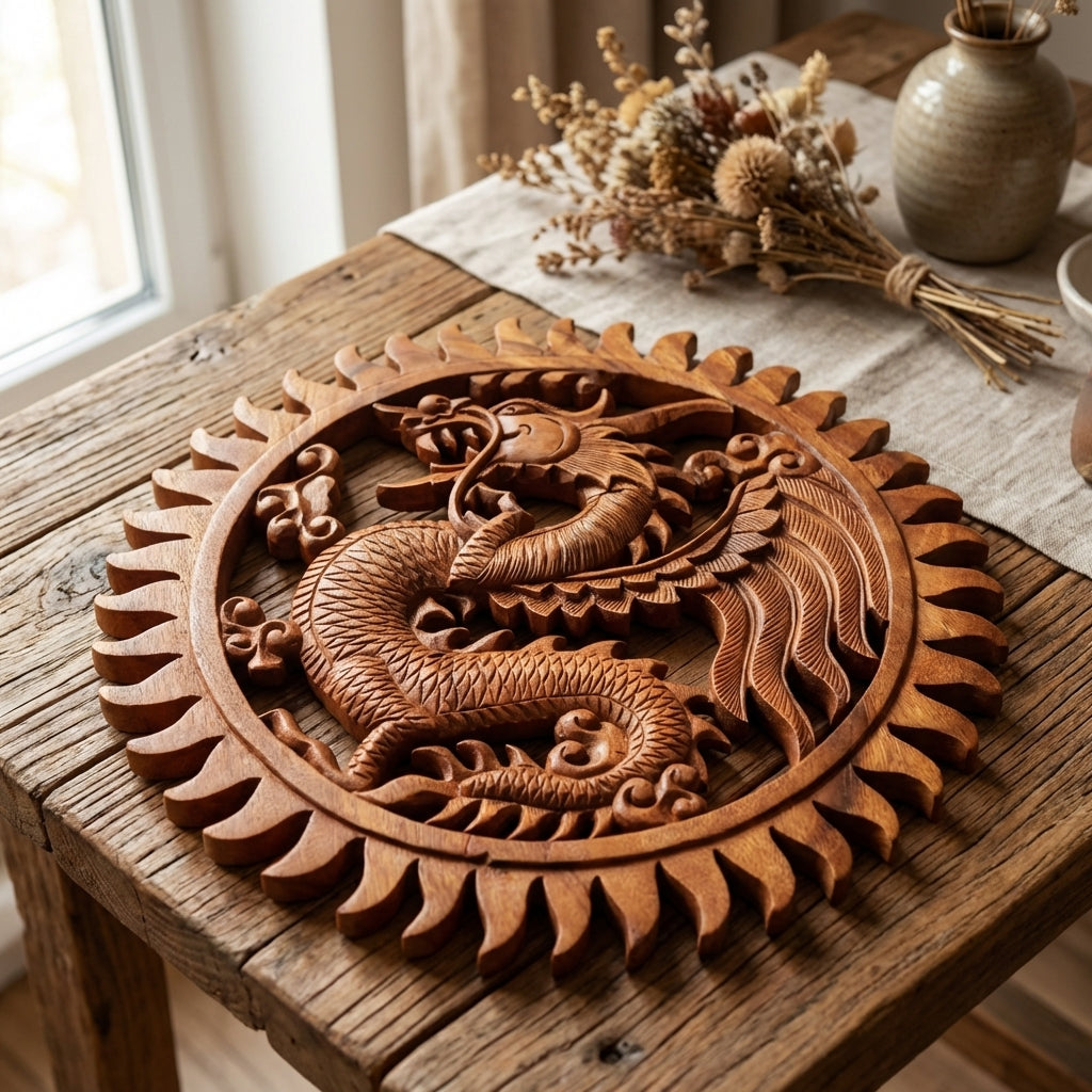Panneau mural circulaire en bois de Suar massif sculpté main, motif Dragon de sagesse oriental entouré de flammes, décoration spirituelle artisanale indonésienne 40cm.