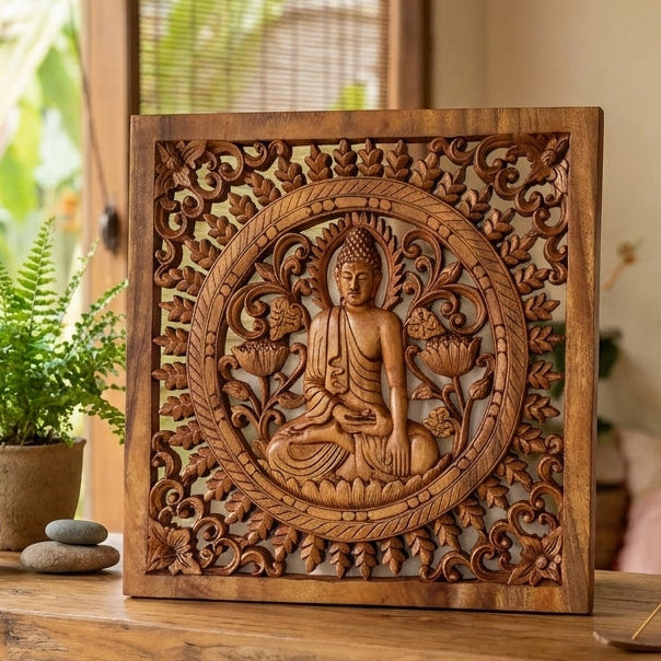 Panneau Décoratif Carré Bouddha en Bois de Suar Sculpté à la Main – 40x40 cm