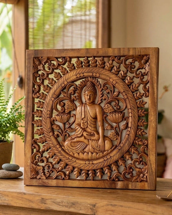 Panneau Décoratif Carré Bouddha en Bois de Suar Sculpté à la Main – 40x40 cm