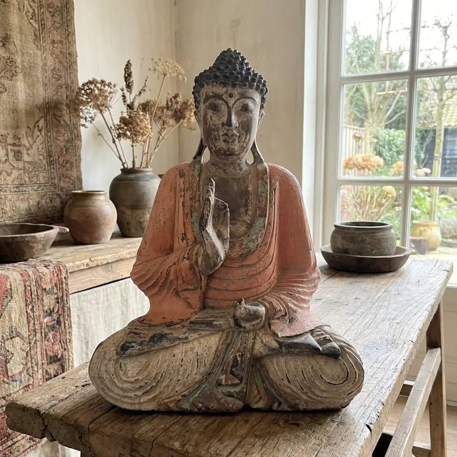 Statue de Bouddha Vintage Orange 40 cm – Sculpture Artisanale Bois de Suar (Transmission d’Enseignement)