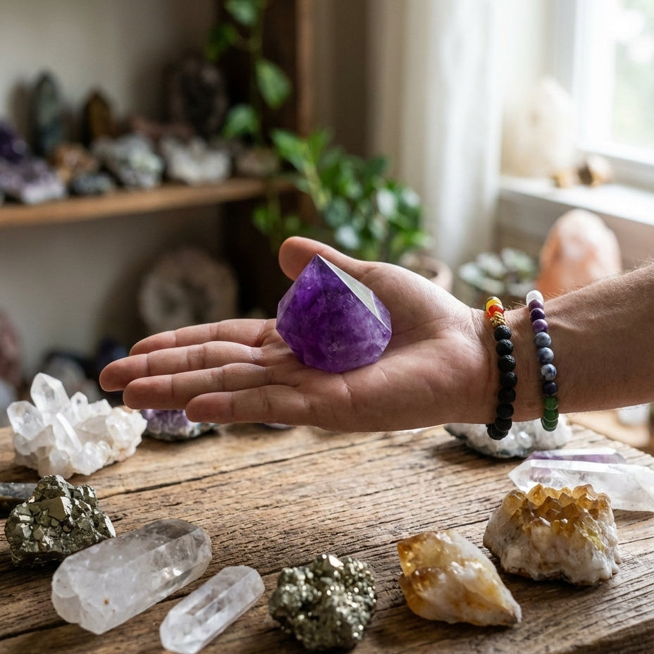 pointe améthyste naturelle tenue en main entourée de pierres et cristaux naturels