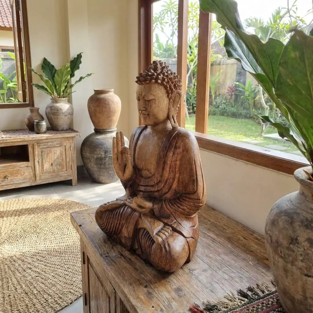 Statue de Bouddha Sculptée à la Main en bois de Suar - 40 cm - Transmission d’Enseignement AWGifts Dropship