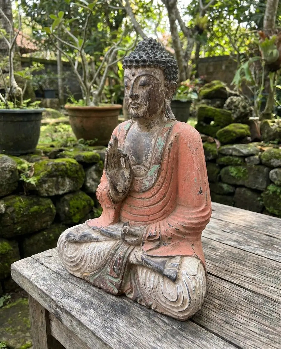 Statue de Bouddha Vintage Orange 40 cm – Sculpture Artisanale Bois de Suar (Transmission d’Enseignement)