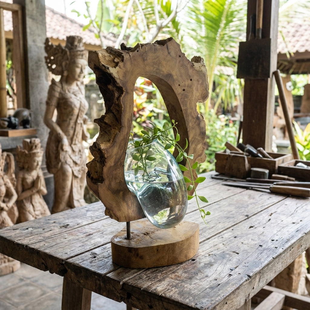 Vase Suspendu en Verre Soufflé à la Main sur Bois de Gamal – Pièce Unique Artisanale Bali