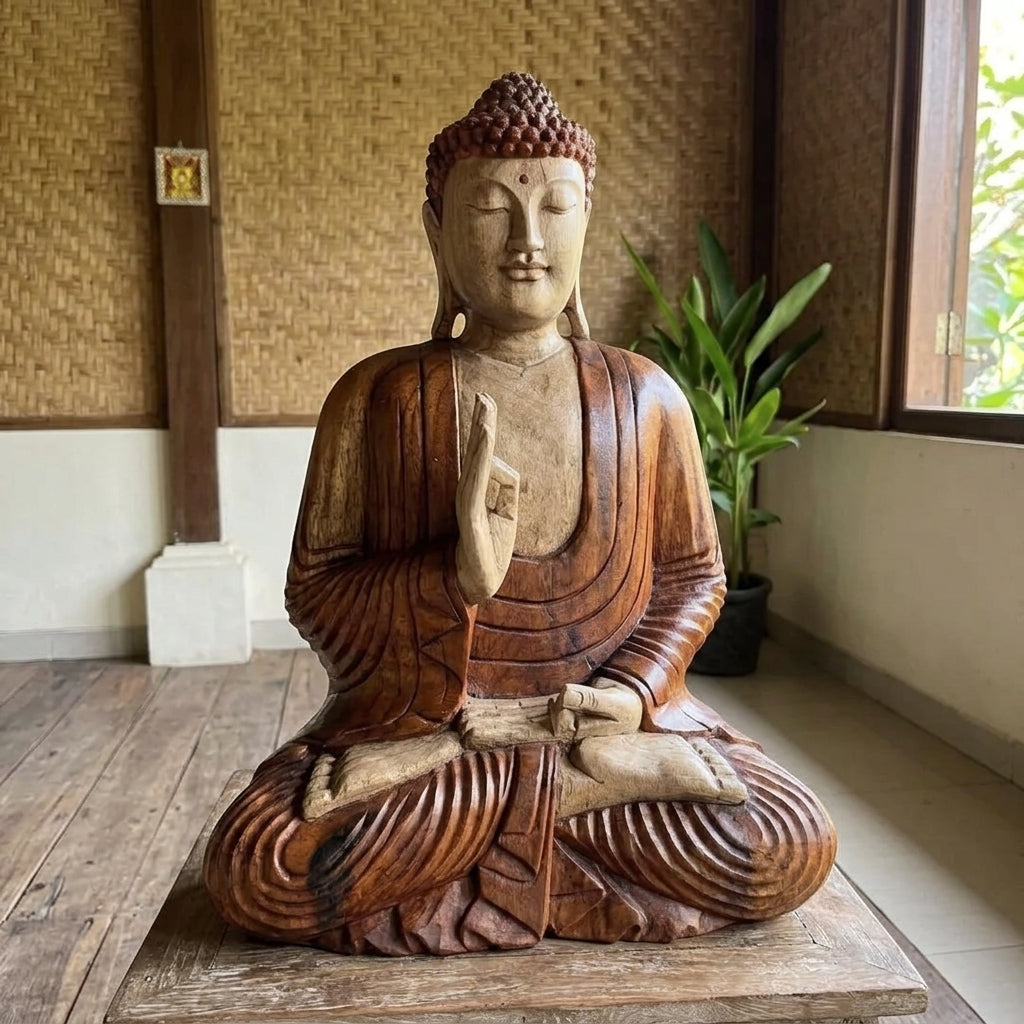 Statua di Buddha intagliata a mano in legno di Suar – 60 cm - Trasmissione di insegnamenti