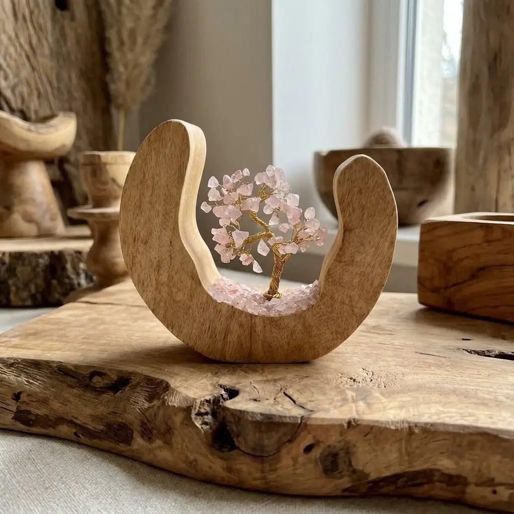Arbre de Vie Quartz Rose – Sculpture Anneau Ouvert Bois de Manguier 60 Pierres AWGifts Dropship