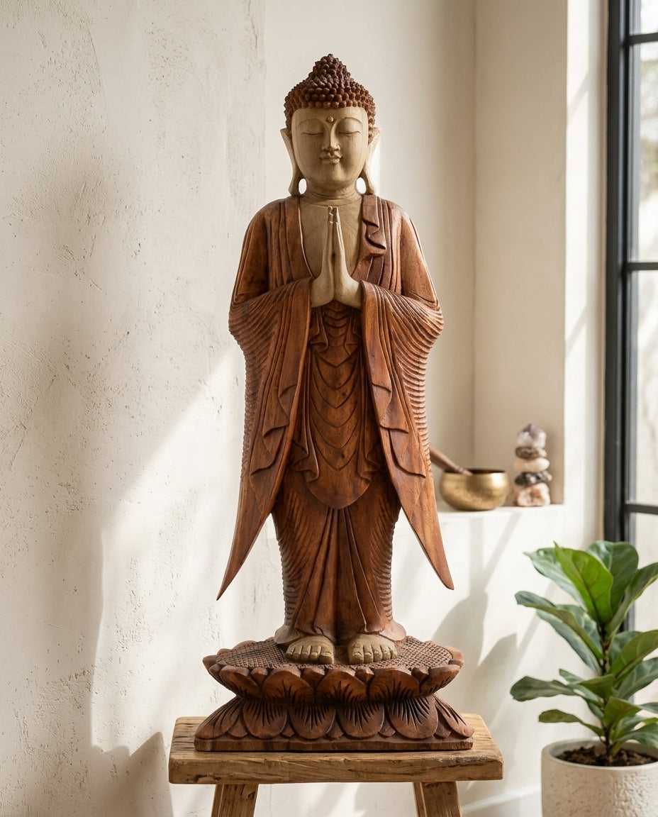 Statue de Bouddha sculptée à la main en bois de suar – 100 cm – Bouddha Namasté