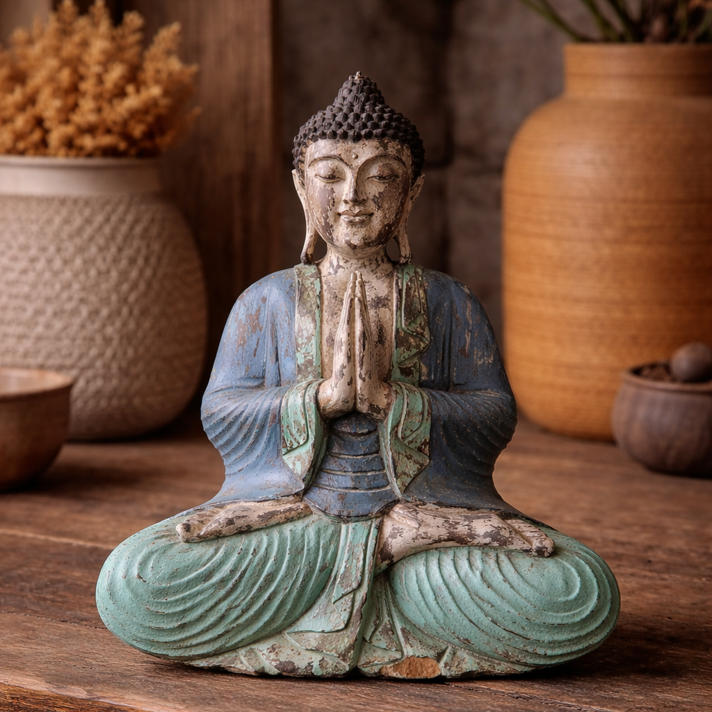 Statue de Bouddha vintage sculptée à la main - Bleu menthe - 40 cm - Namasté
