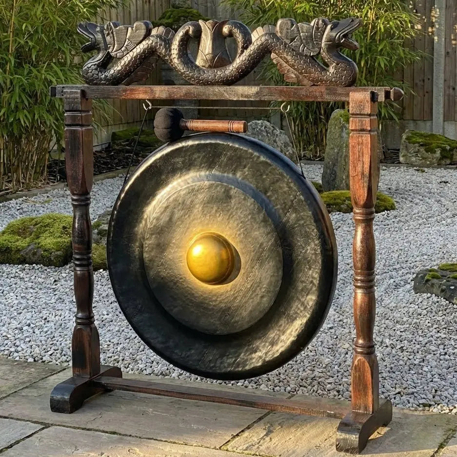 Grand Gong sur support antique brun – 80 cm – Noir - Karmic Artisan