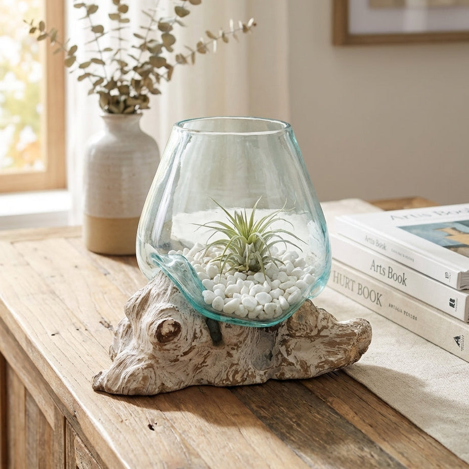 Grand Bol en Verre en Fusion sur Bois Blanchi - Pièce Artisanale Balinaise