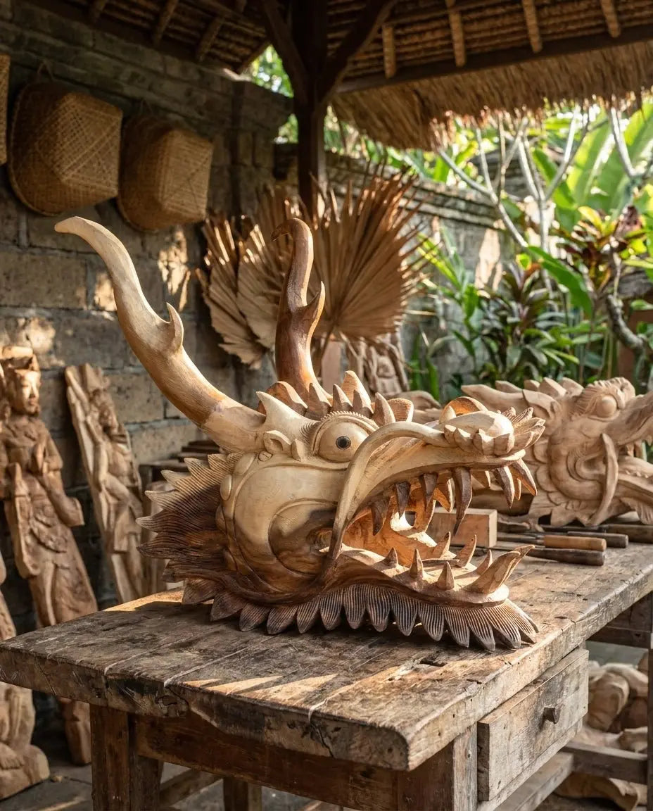 Grande Tête de Dragon Sculptée à la Main en Bois de Suar – Sculpture Artisanale Balinaise 40 cm