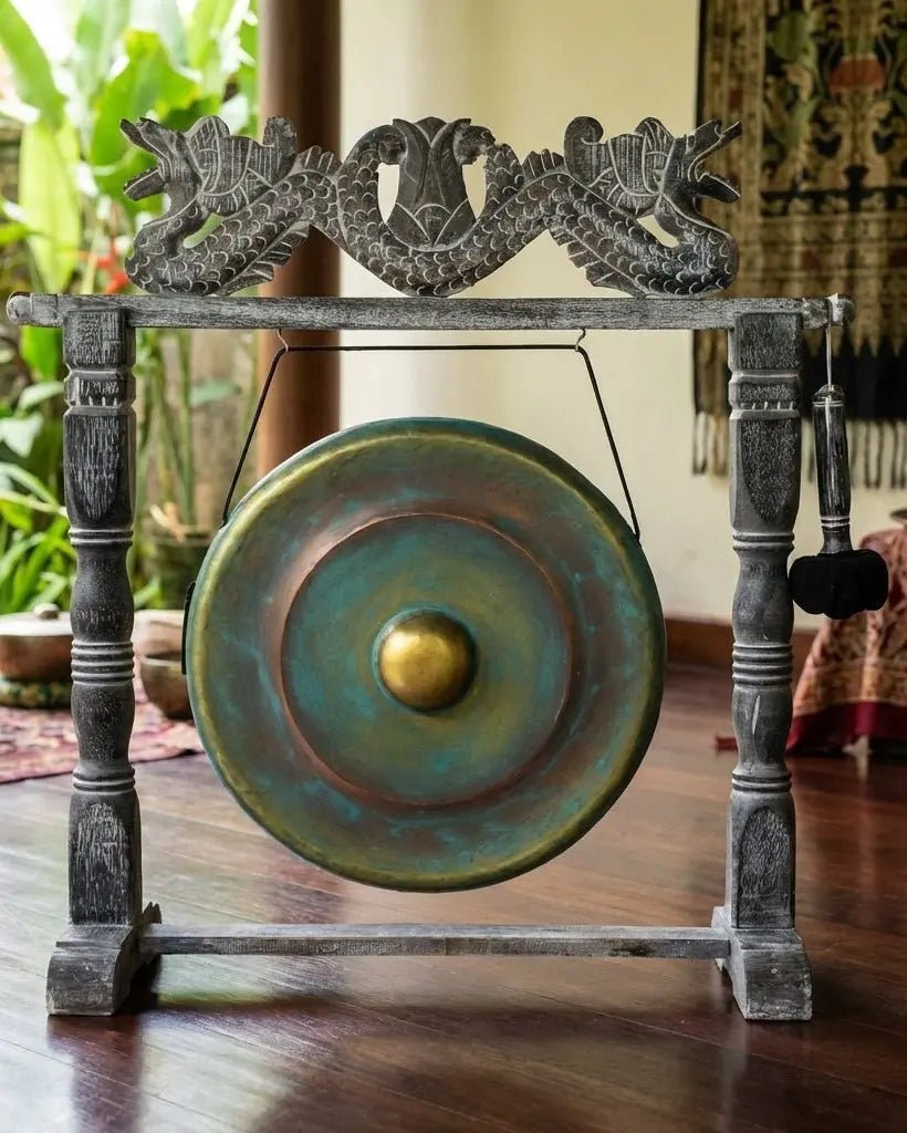 Bali プリアタン村のGong 中型 A（40cm) Green Balinese Gong 80 cm on Stand – Traditional Sound Instrument
