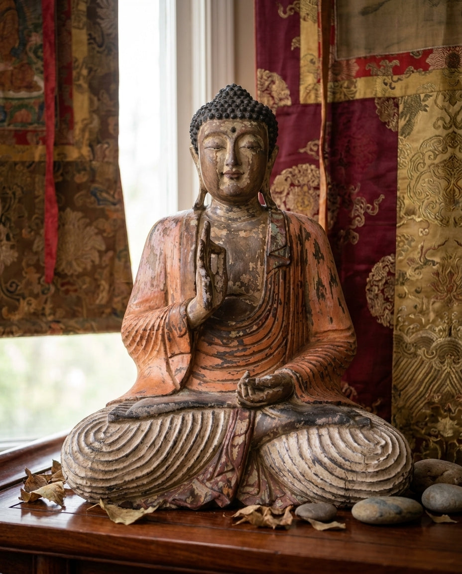 Statue de Bouddha vintage orange sculptée à la main – 60 cm – Transmission d’enseignement