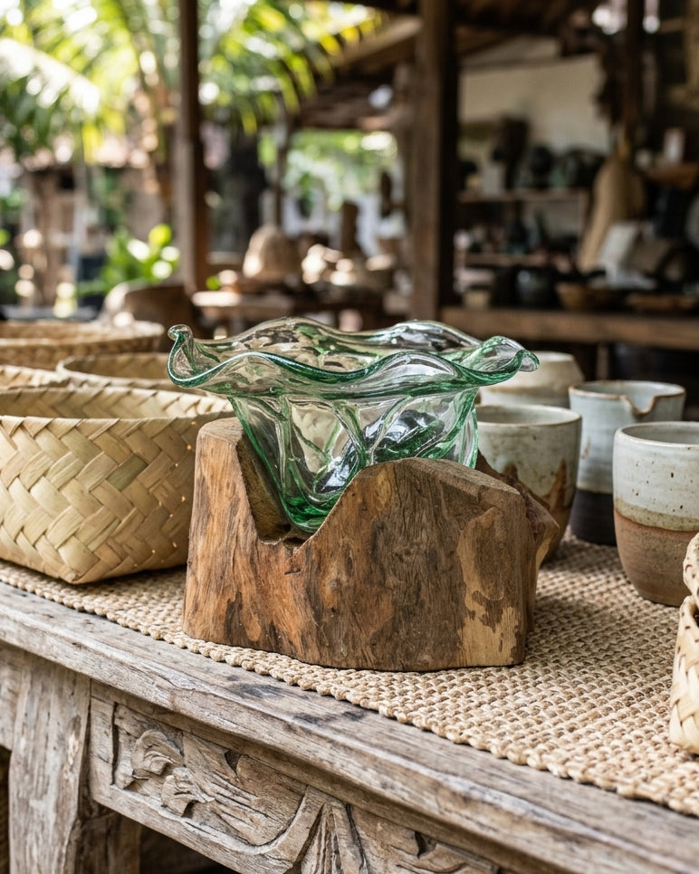 Grand bol décoratif en bouteille recyclée fondue sur un socle en bois de Gamal fabriqué à la main