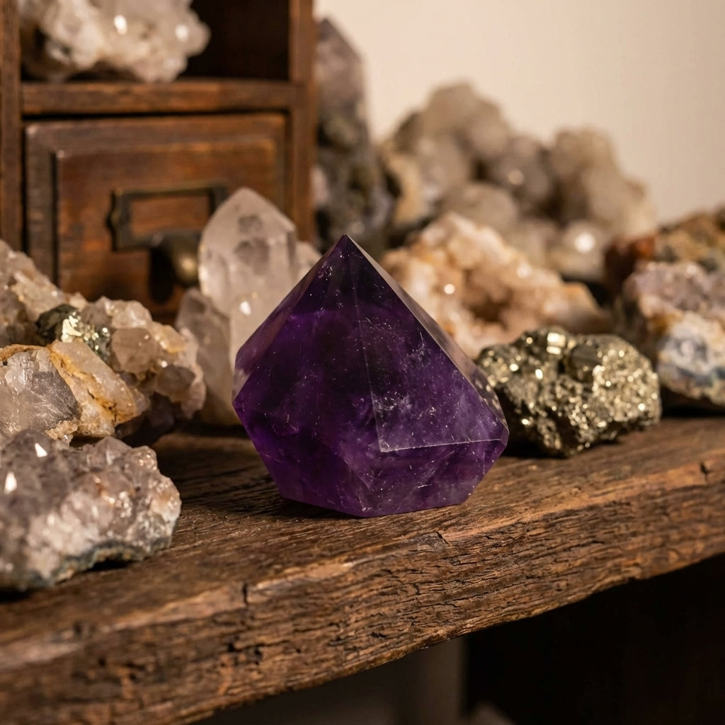 pierre améthyste naturelle décoration entourée de minéraux sur étagère bois
