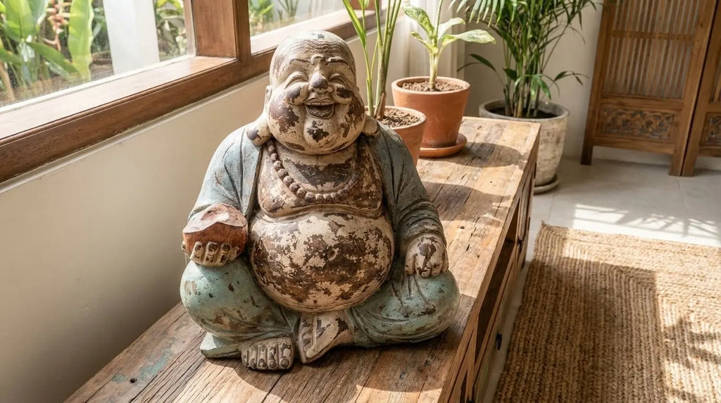 Statue Bouddha Rieur 30 cm en Bois de Suar – Finition Vintage Bleu Menthe (Artisanat Bali)
