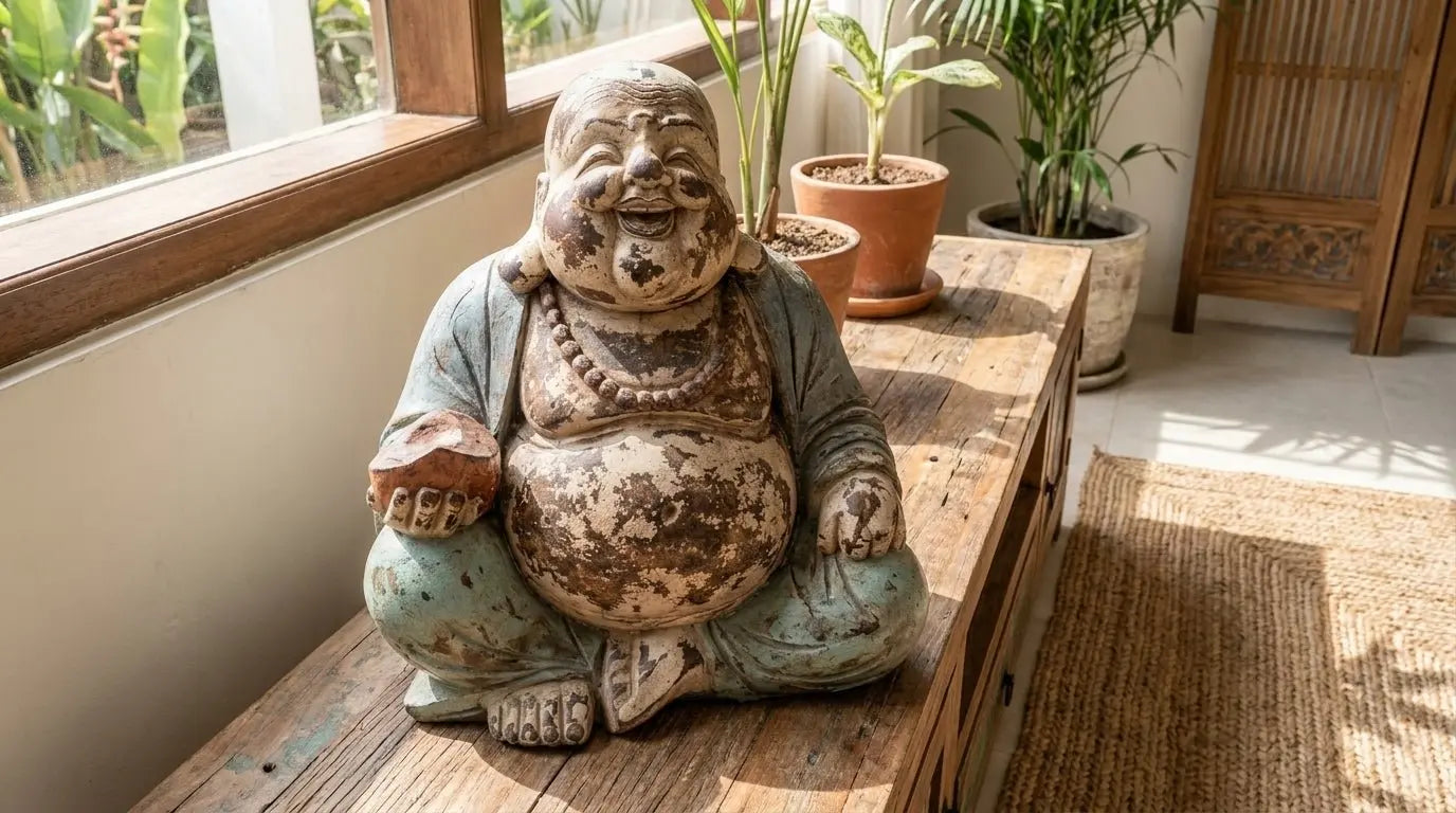 Statue Bouddha Rieur 30 cm en Bois de Suar – Finition Vintage Bleu Menthe (Artisanat Bali)