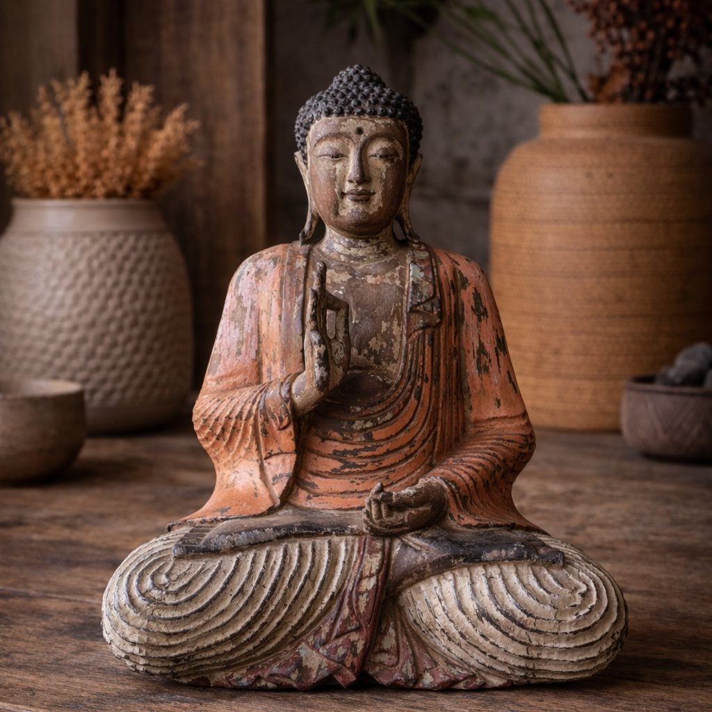 Statue de Bouddha vintage orange sculptée à la main – 60 cm – Transmission d’enseignement