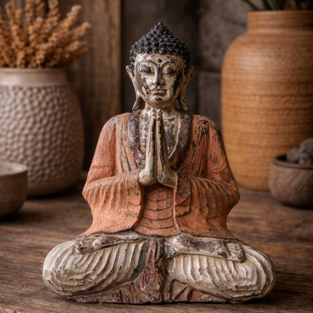 Statue de Bouddha sculptée à la main vintage orange – 30 cm – Bouddha Namasté