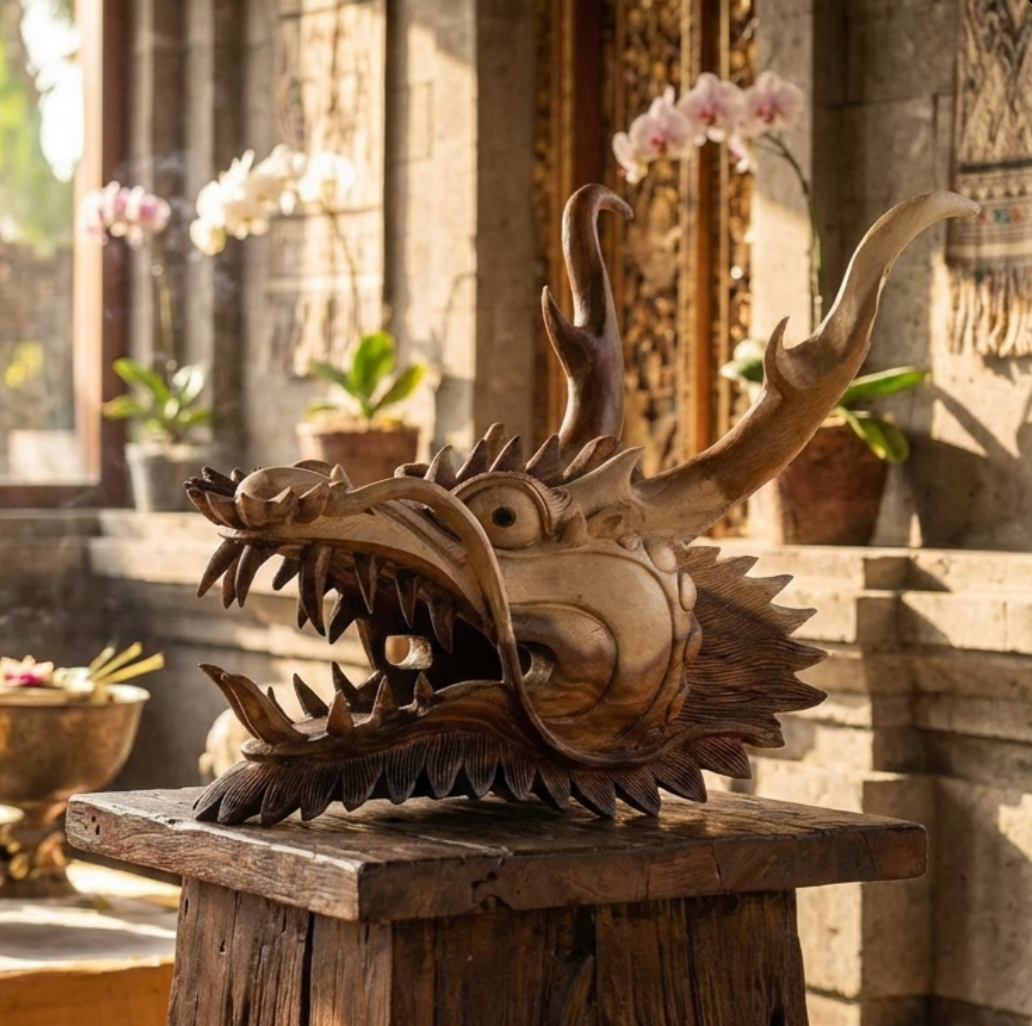 Tête de Dragon en Bois de Suar – Sculpture Dragon Sculptée Main – 40 cm