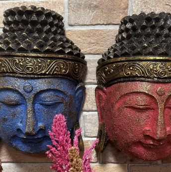 Tête de Bouddha décorative en bois d'Albasia – 25 cm – Finition bleu brillant