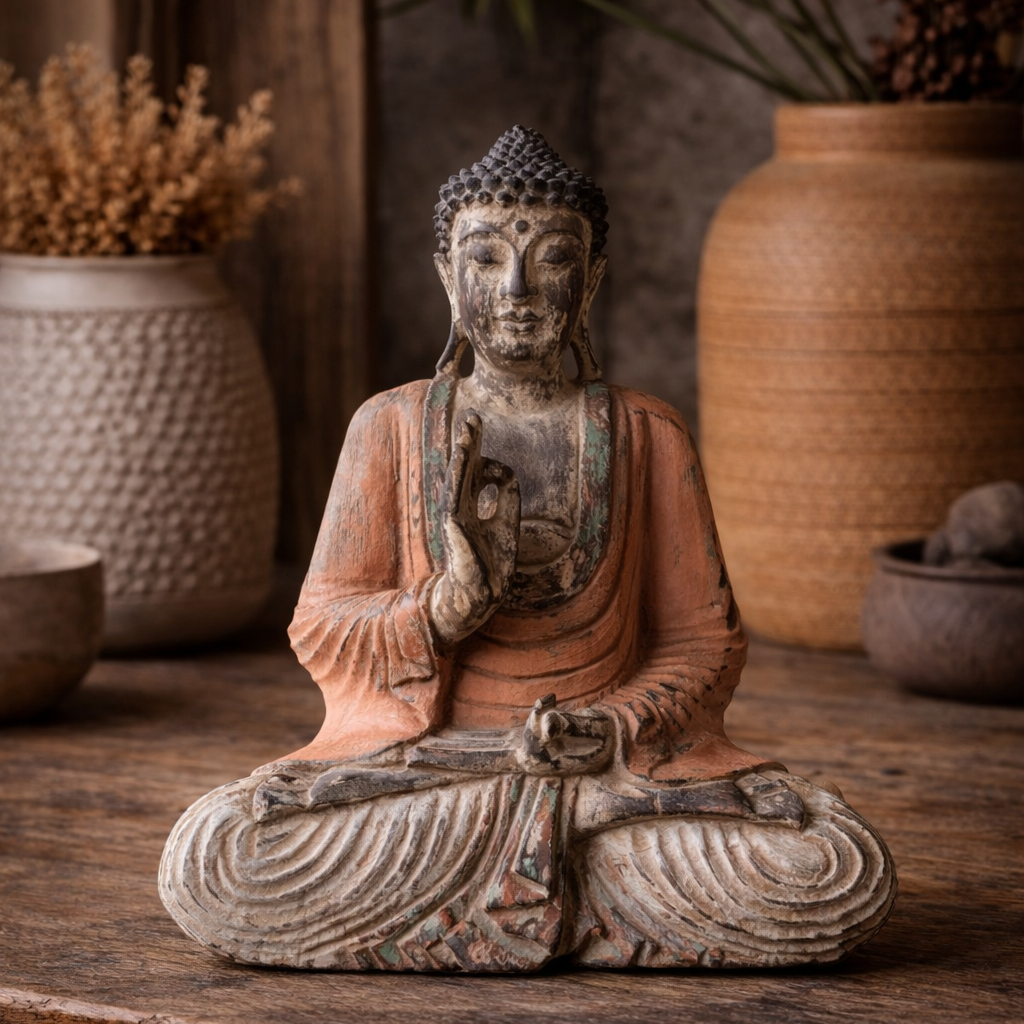 Statue de Bouddha vintage orange sculptée à la main – 40 cm – Transmission d’enseignement