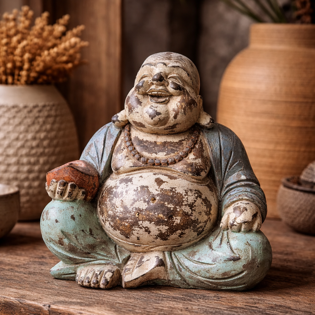 Statue de Bouddha sculptée à la main - 30 cm - Bouddha joyeux bleu menthe vintage