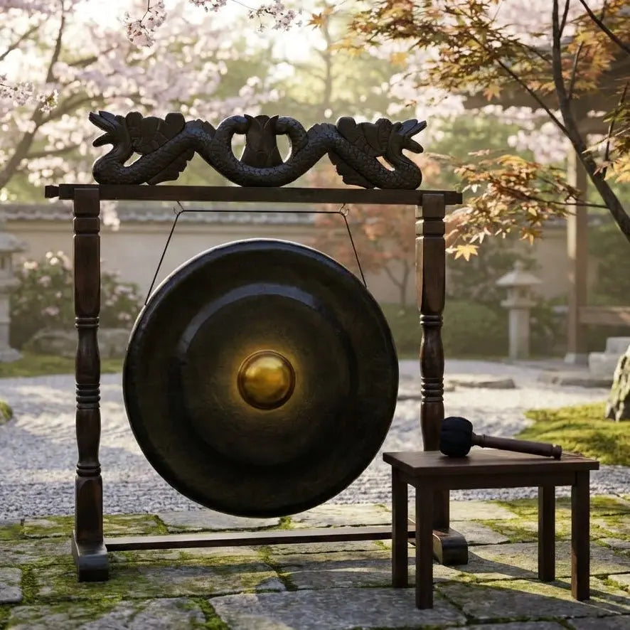 Grand gong balinais traditionnel sur support sculpté en bois dans un espace zen