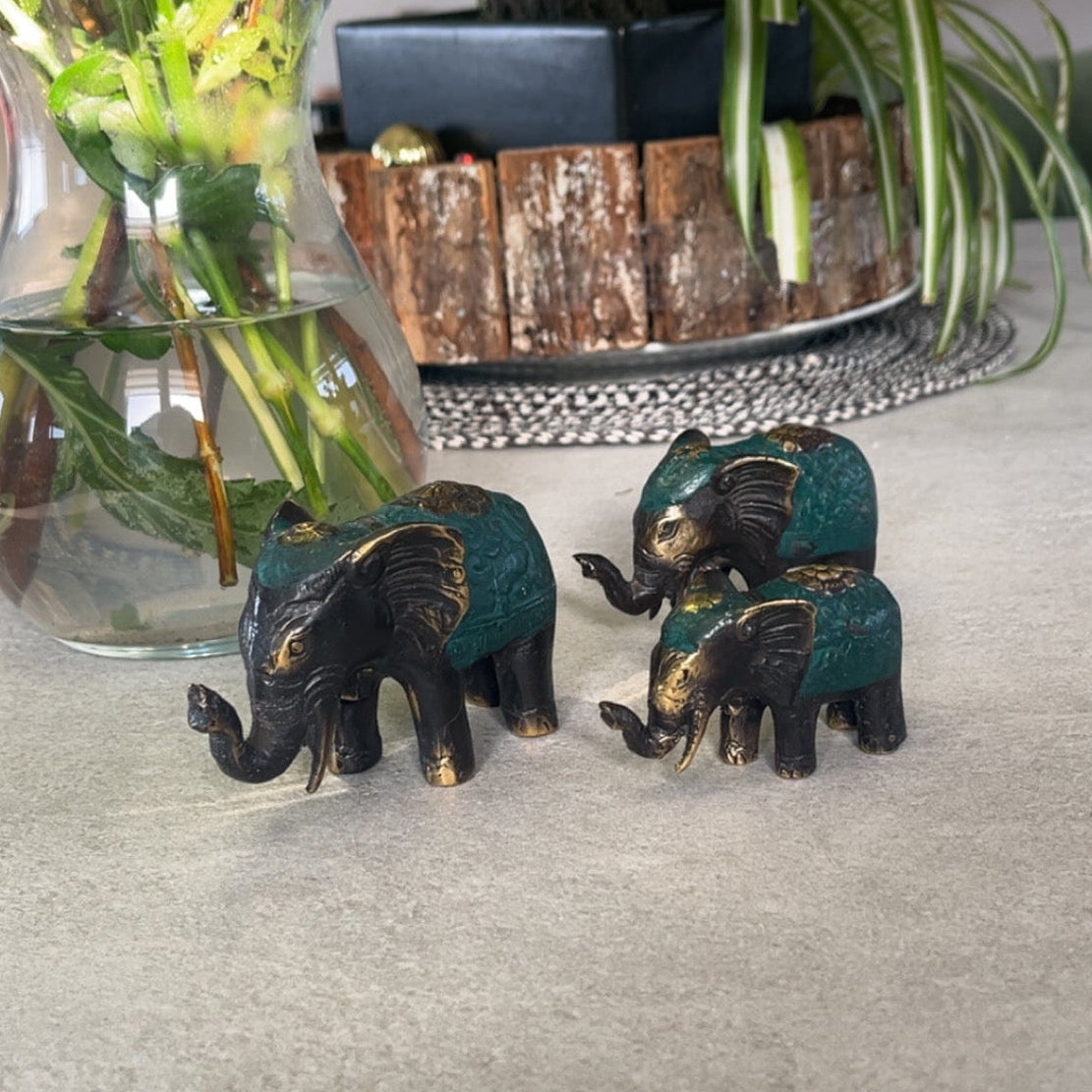 Set de 3 Éléphants Feng Shui en Laiton – Porte-Bonheur, Chance & Prospérité